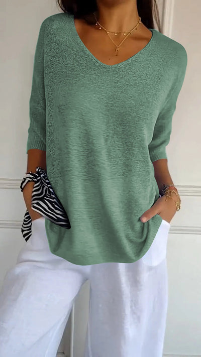 "AuraLuxe V-Neck Knit Top"