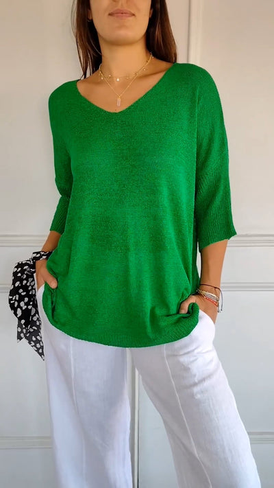 "AuraLuxe V-Neck Knit Top"